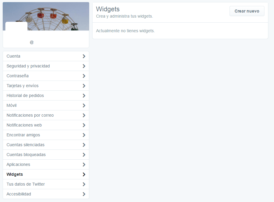 Vista del menú de la herramienta para crear widgets en Twitter