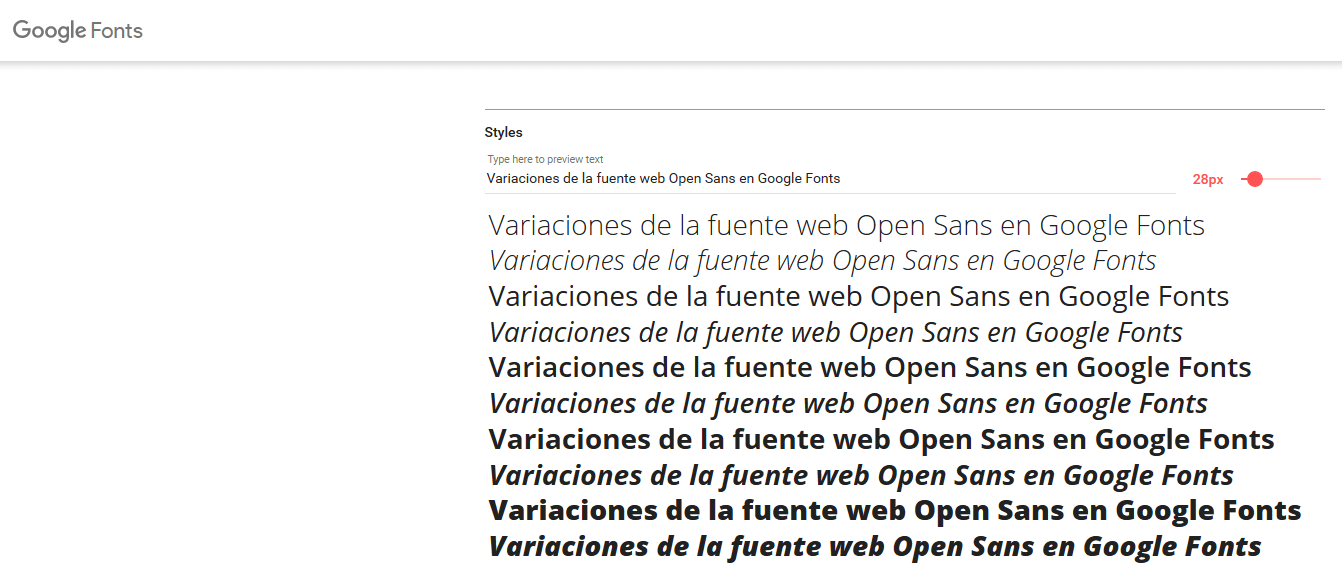 Variaciones de la fuente web Open Sans en Google Fonts