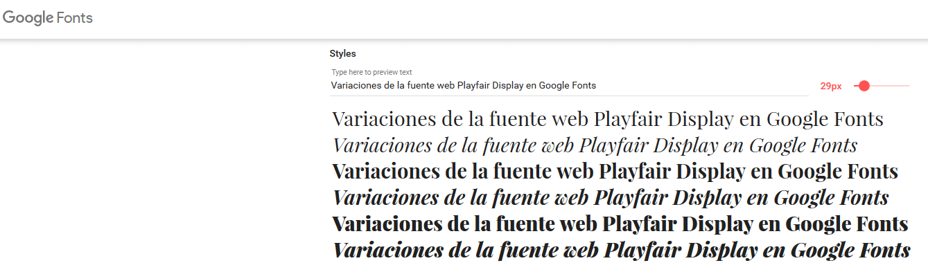 Variaciones de la fuente web Playfair Display en Google Fonts