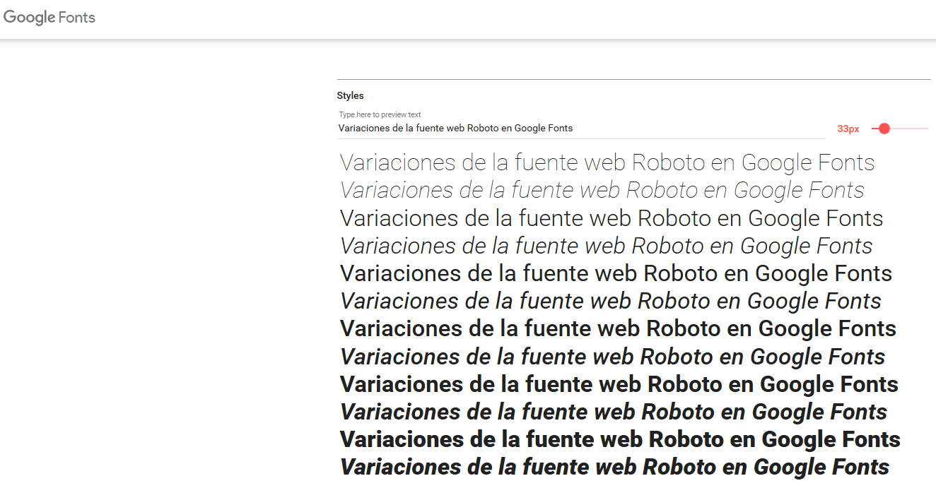 Variaciones de la fuente web Roboto en Google Fonts