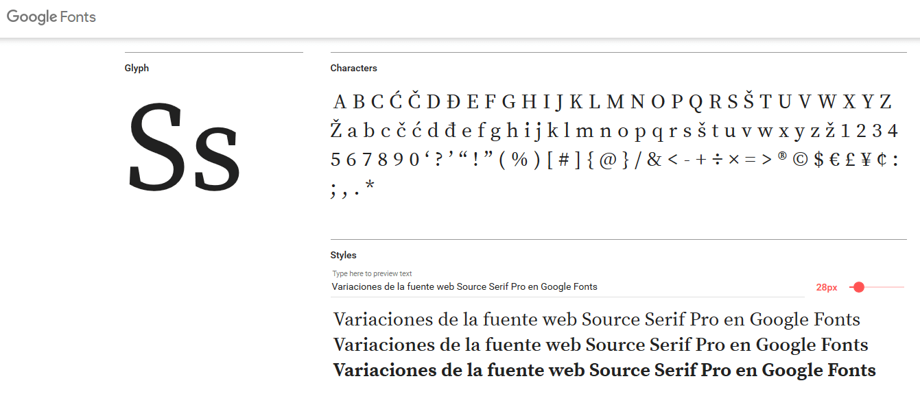 Variaciones de la fuente web Source Serif Pro en Google Fonts