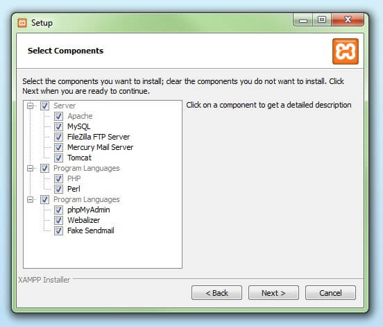 Instalar XAMPP: Selección de los componentes de la instalación
