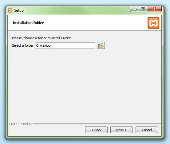 Instalar XAMPP: selección de la carpeta donde se guardarán los archivos