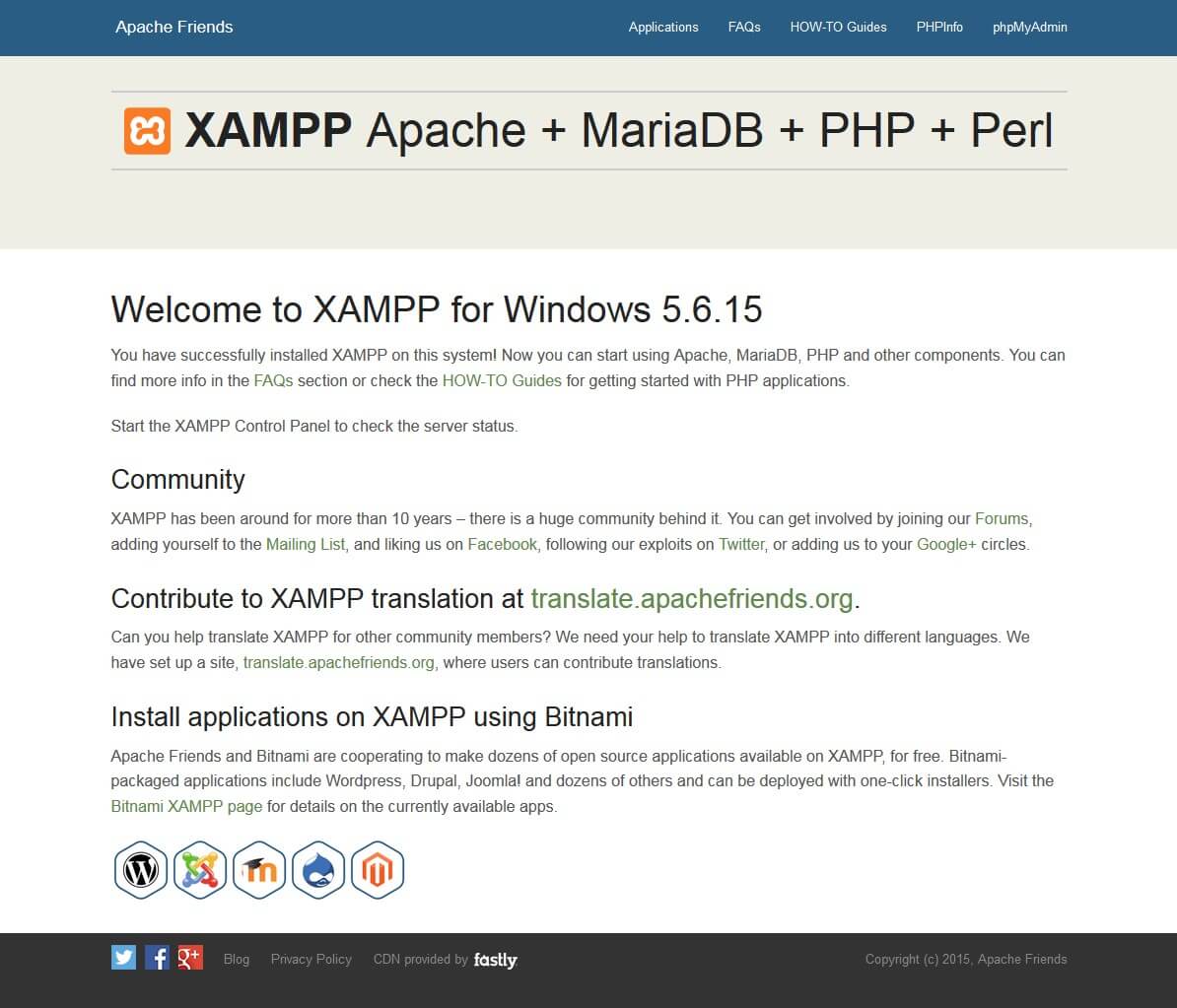 Dashboard del servidor de XAMPP en el navegador