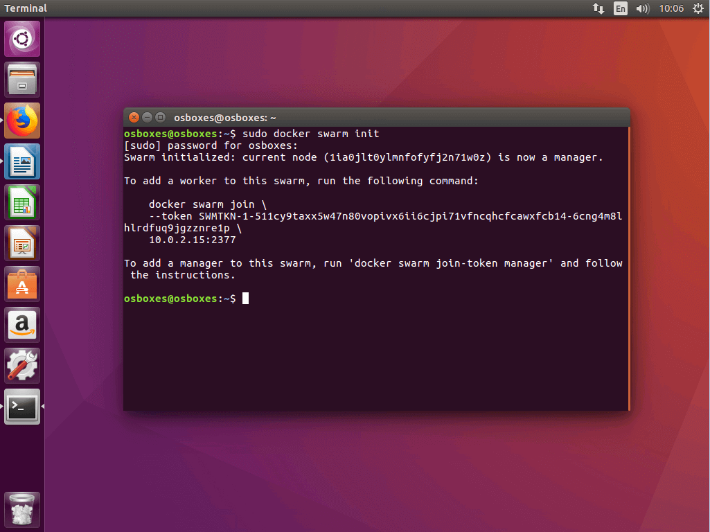El comando “docker swarm init” en la terminal Ubuntu