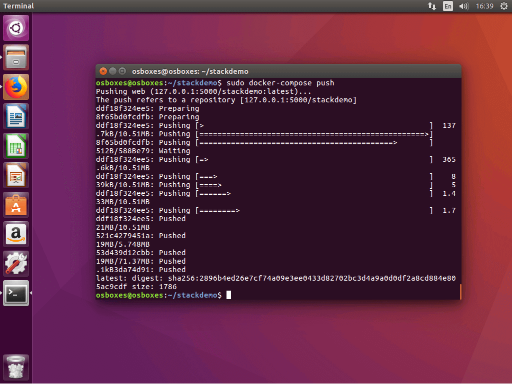 El comando “docker-compose push” en la terminal Ubuntu