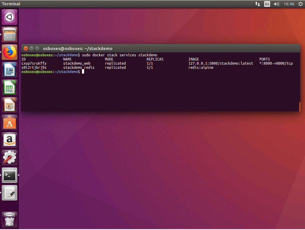 El comando “docker stack services” en la terminal Ubuntu