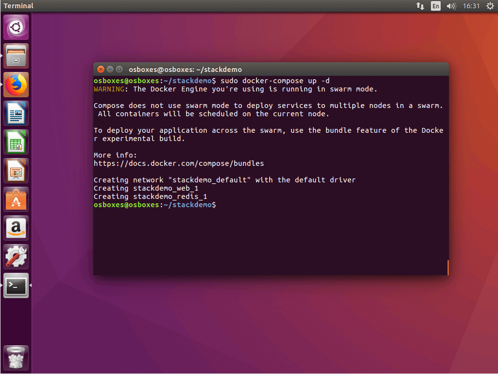 El comando “docker-compose up” en la terminal de Ubuntu