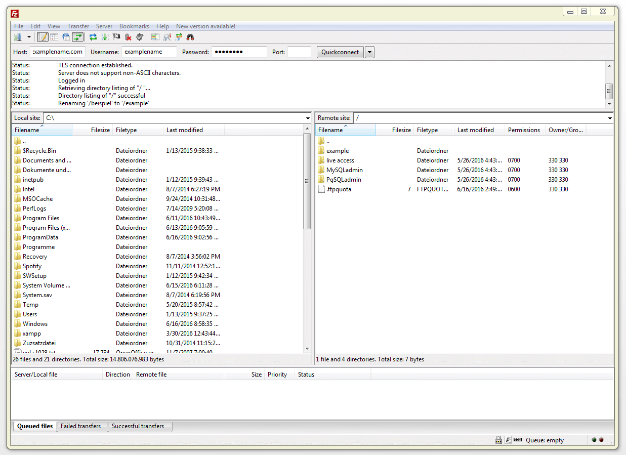 Árboles de directorios en la interfaz de usuario de FileZilla