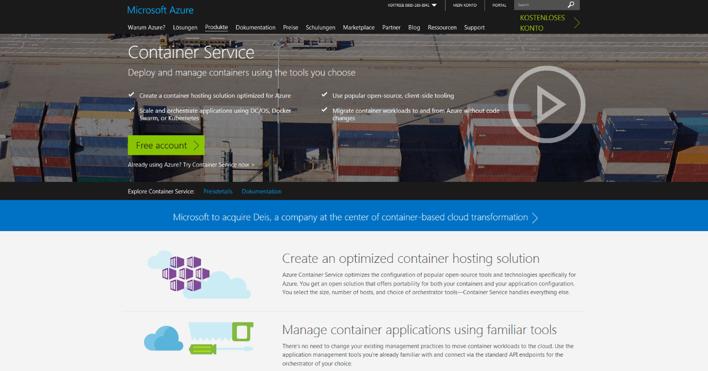Página web de Microsoft Azure Container Service (ACS)