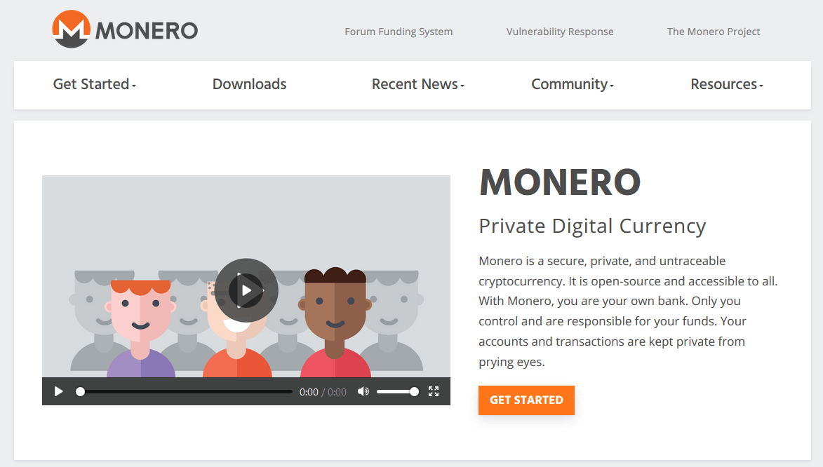 Captura de pantalla de la página web de Monero