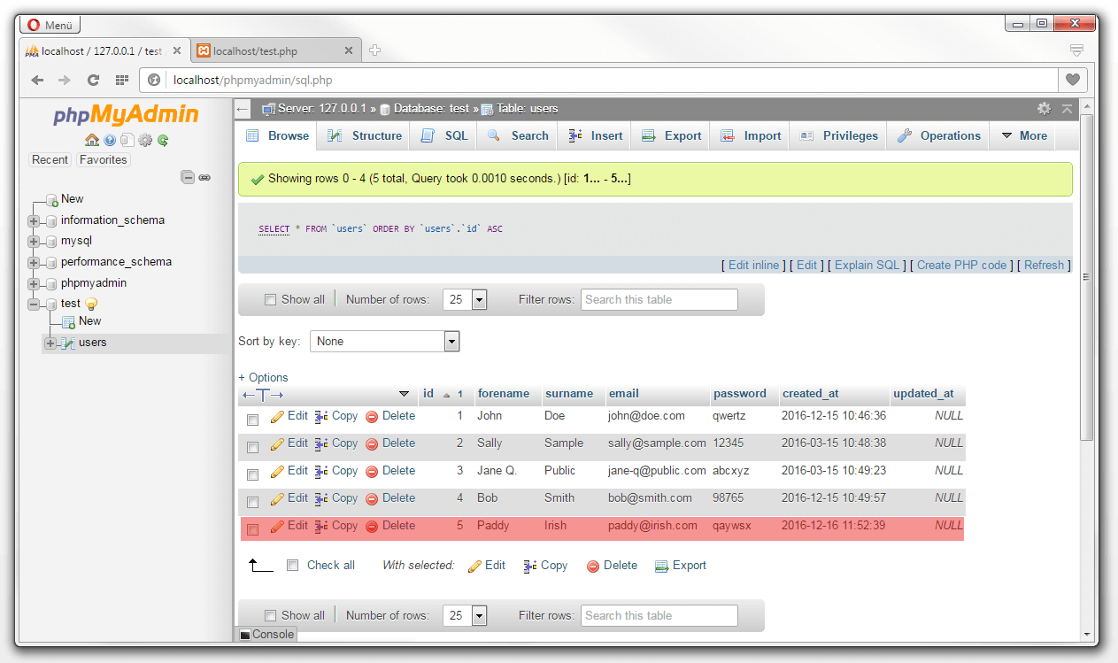 phpMyAdmin: resumen de tabla actualizado según la operación de bases de datos INSERT
