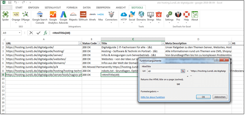 Vista de la hoja de Excel con SeoTools for Excel en la barra de herramientas y subpáginas desglosadas
