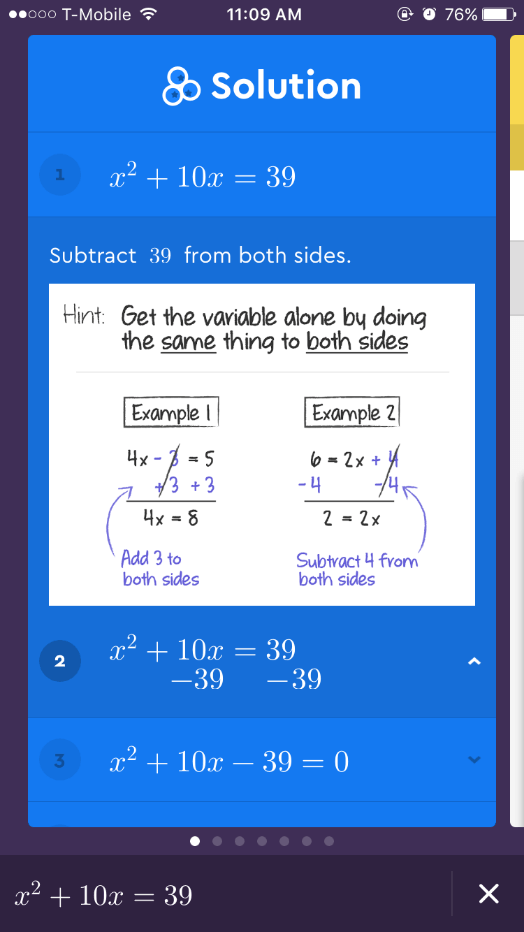 Captura de pantalla de una ecuación resuelta por la aplicación de Socratic