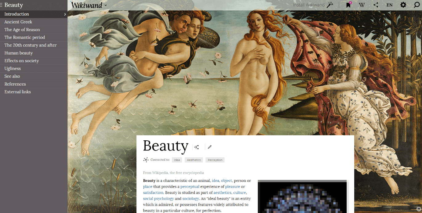 Ejemplo del artículo sobre la belleza (beauty) en Wikiwand