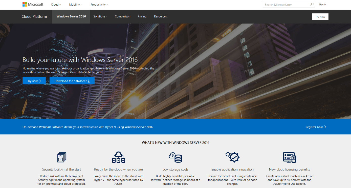 Página de inicio de Windows Server 2016