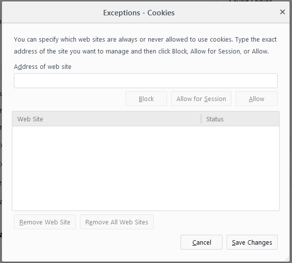 Lista de excepciones en Firefox para las páginas web en las que las cookies están permitidas