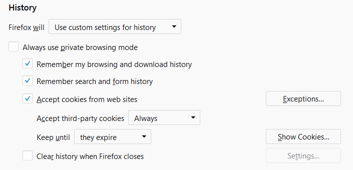 Firefox: configuración del historial y de las cookies