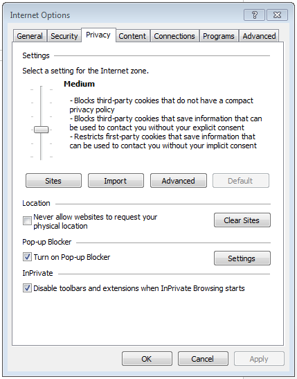 Internet Explorer: ventana con las opciones de Internet y con la configuración de las cookies