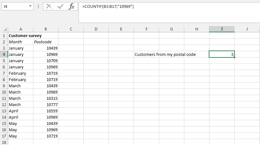 Screenshot de una tabla Excel con la función CONTAR.SI para una estadística