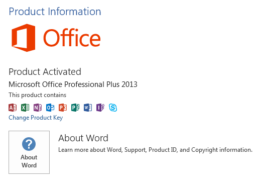 Screenshot de la vista de la información del producto de Microsoft Office