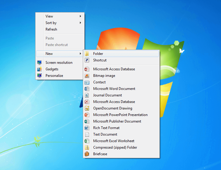 Captura de pantalla del escritorio de Windows con el menú abierto para crear una nueva carpeta