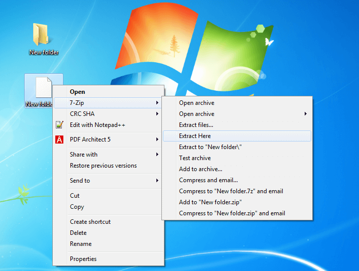 Captura de pantalla del escritorio de Windows en la que se muestra en el menú contextual cómo descomprimir un archivo ZIP creado con 7-ZIP