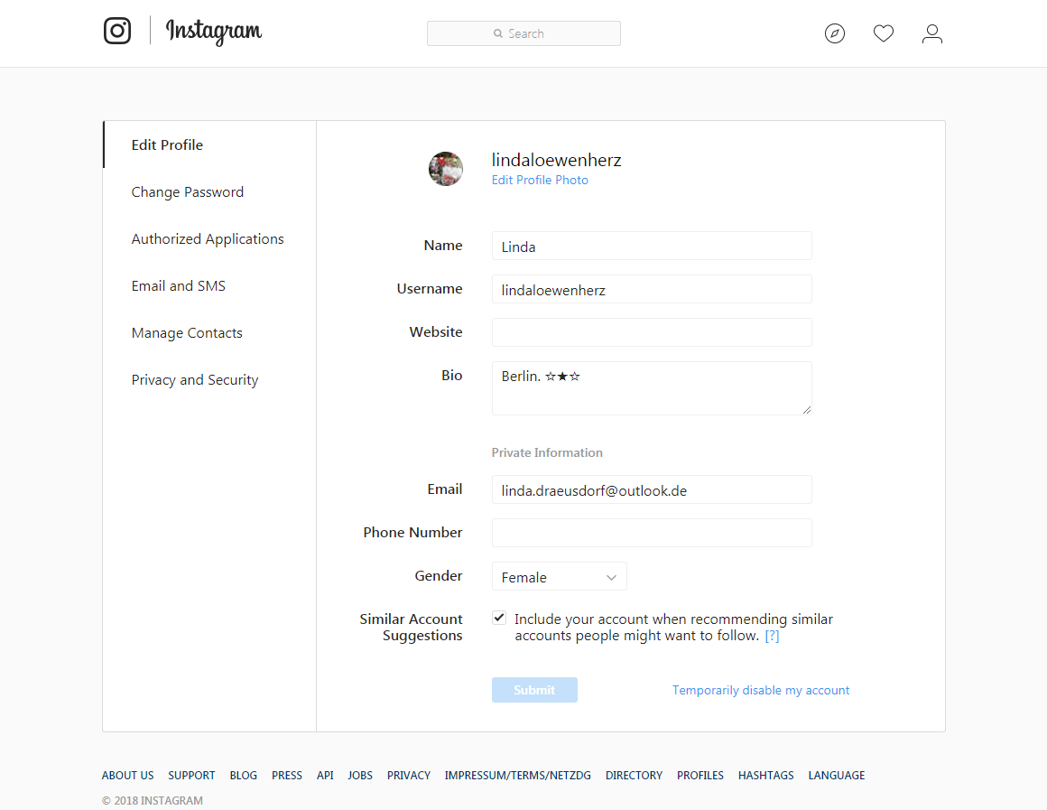 Ventana de configuración de la cuenta en Instagram