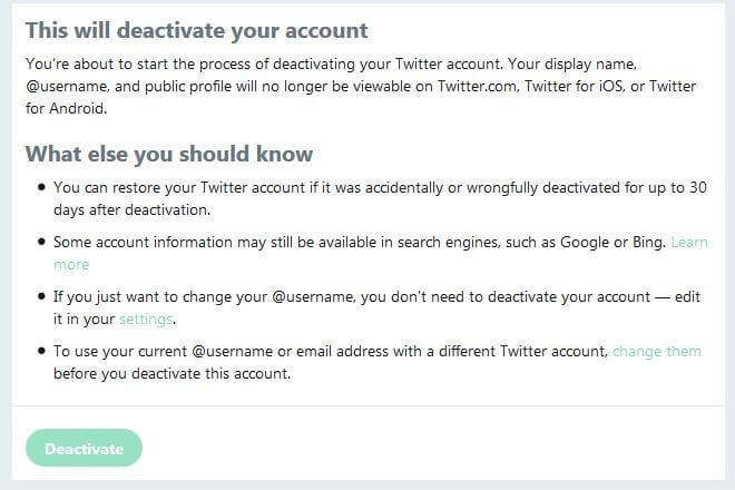 Cuadro de aviso antes de la desactivación de cuentas en Twitter