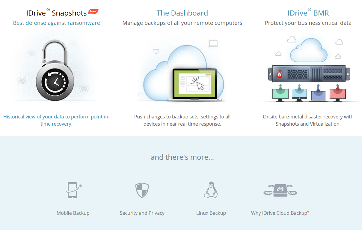 Captura de pantalla de la página principal de IDrive donde se muestran las diferentes funciones del programa de backup online