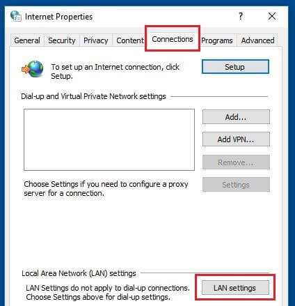 Menú “Conexiones” en las Opciones de Internet de Windows 10