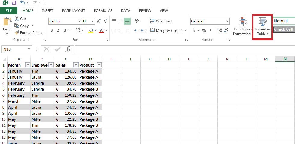 Conjunto de datos formateado como tabla en Excel