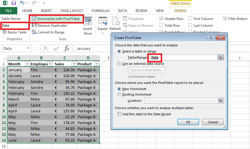 Ventana en Excel para crear una tabla dinámica