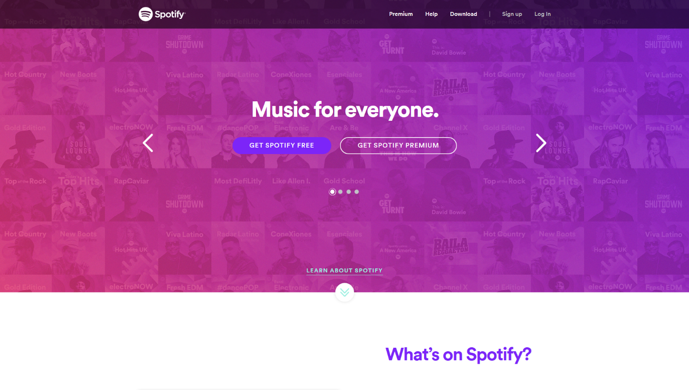 Página de inicio con botones de CTA en la página del proveedor de música en streaming Spotify