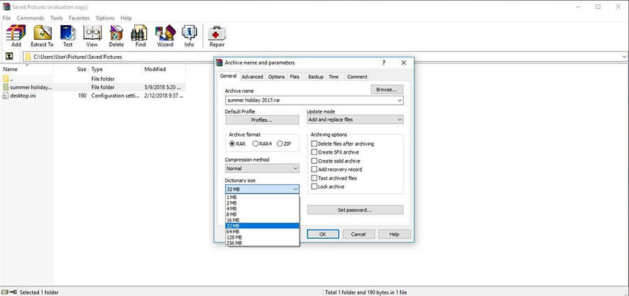 Interfaz de usuario de WinRAR con el menú abierto para establecer el nombre y el parámetro del archivo