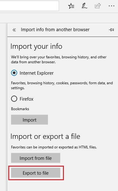 Menú de importación y exportación de Microsoft Edge
