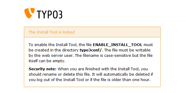 Notificación de error en la instalación de TYPO3 que indica que el asistente de instalación no se puede iniciar