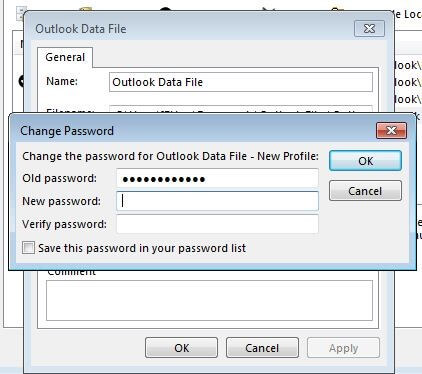 Archivo de datos de Outlook: Menú de cambio de contraseña