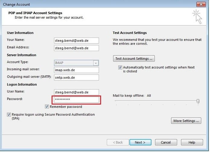 Configuración de inicio de sesión y servidor para una cuenta de correo electrónico seleccionada en Outlook 2016