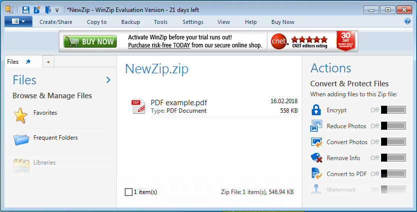 Ventana del menú de WinZip seleccionando un archivo PDF para su compresión