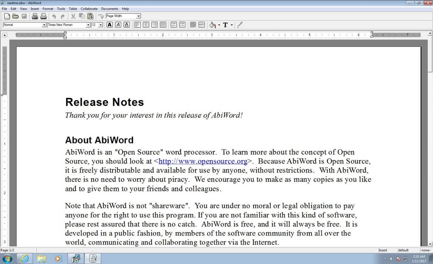 Página de bienvenida tras la descarga de AbiWord 2.8.6
