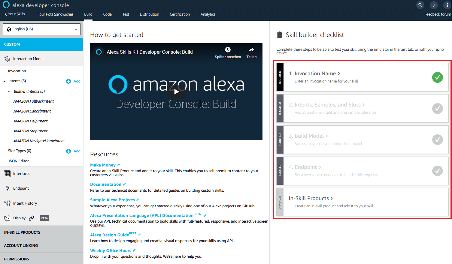 Alexa Developer Console: página de descripción general en el área de compilación “Build”