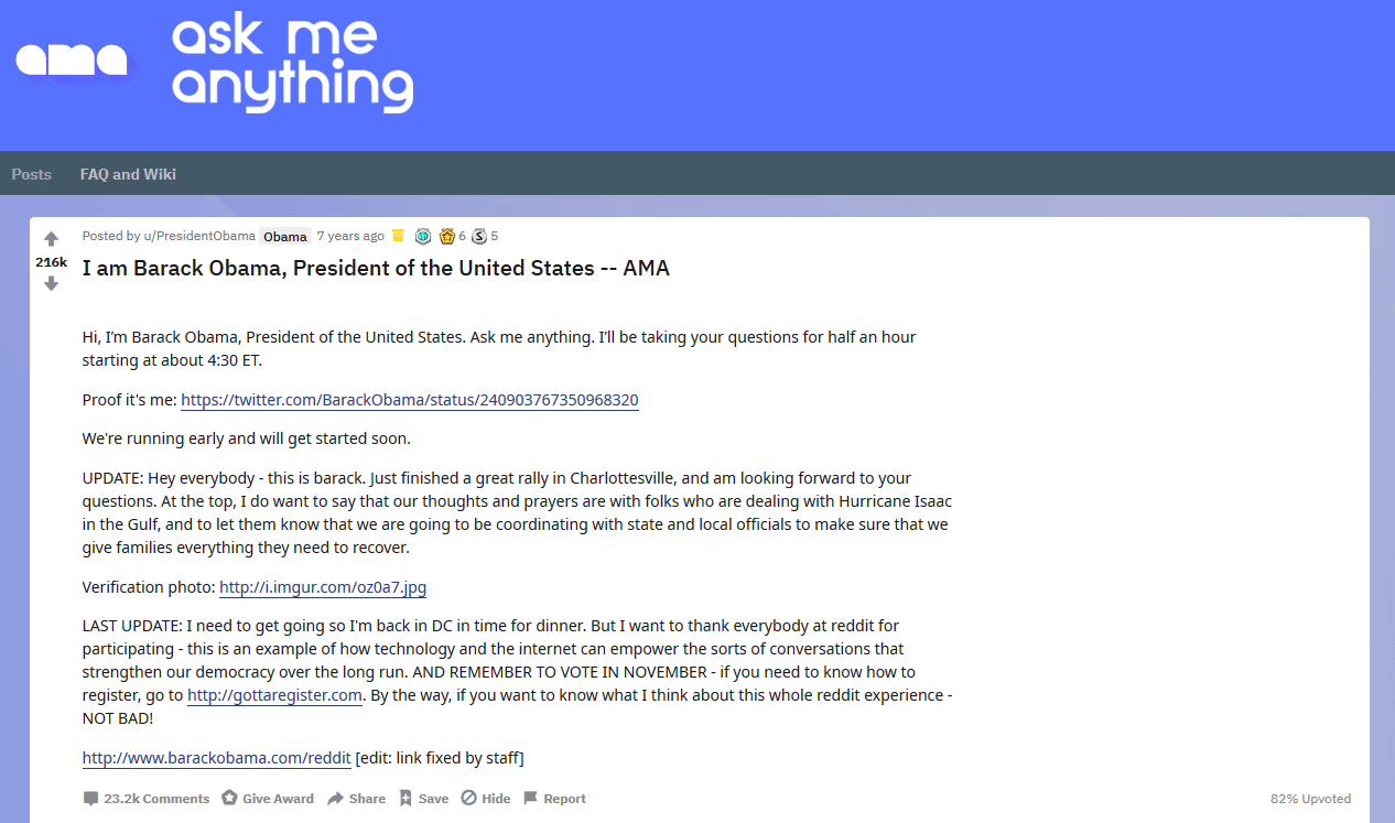 Entrevista archivada de IAmA de Barack Obama del año 2012