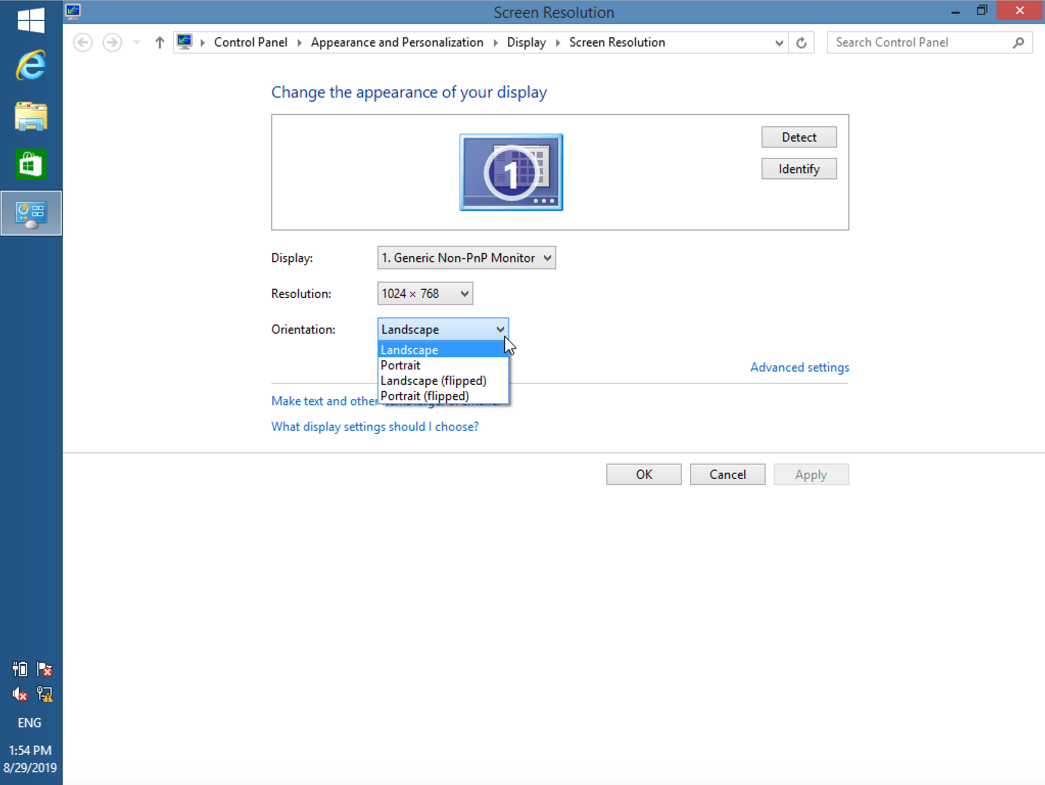 Opciones de vista para girar la pantalla en Windows 8