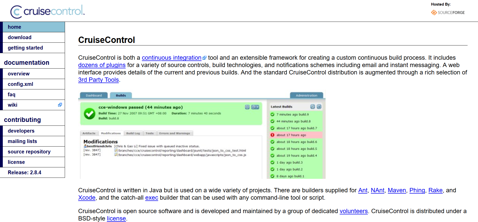Captura de pantalla de la web de CruiseControl,en Sourceforge