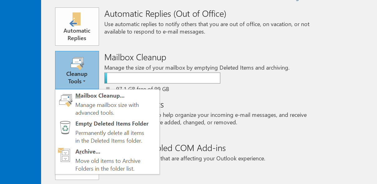 Microsoft Outlook 2016: “Herramientas de limpieza”