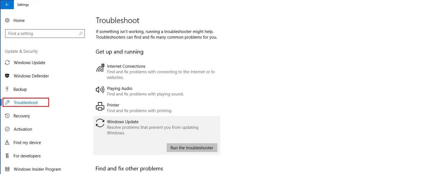Menú de «Solucionar problemas» de Windows 10