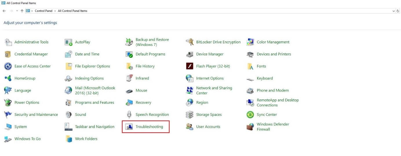 Vista de iconos del panel de control de Microsoft Windows
