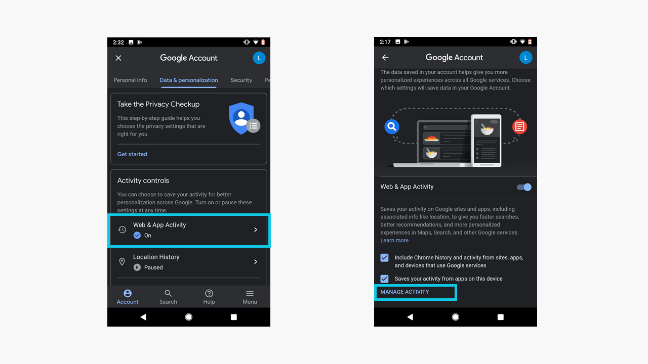 Android: menú de configuración “Datos y personalización” de Google.