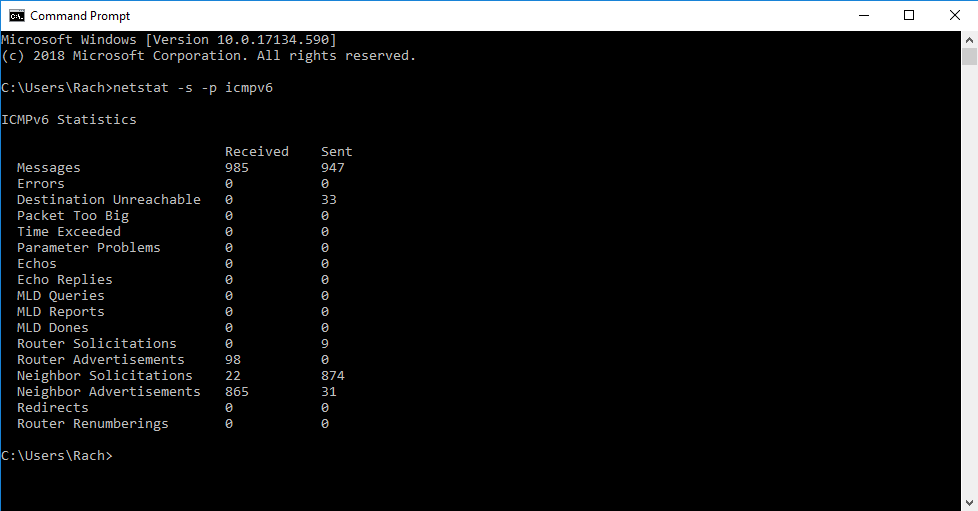 Estadísticas ICMPv6 en la línea de comandos de Windows